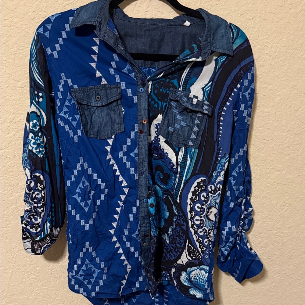 Desigual Blue Paisley & Geometric Button-Front Blouse